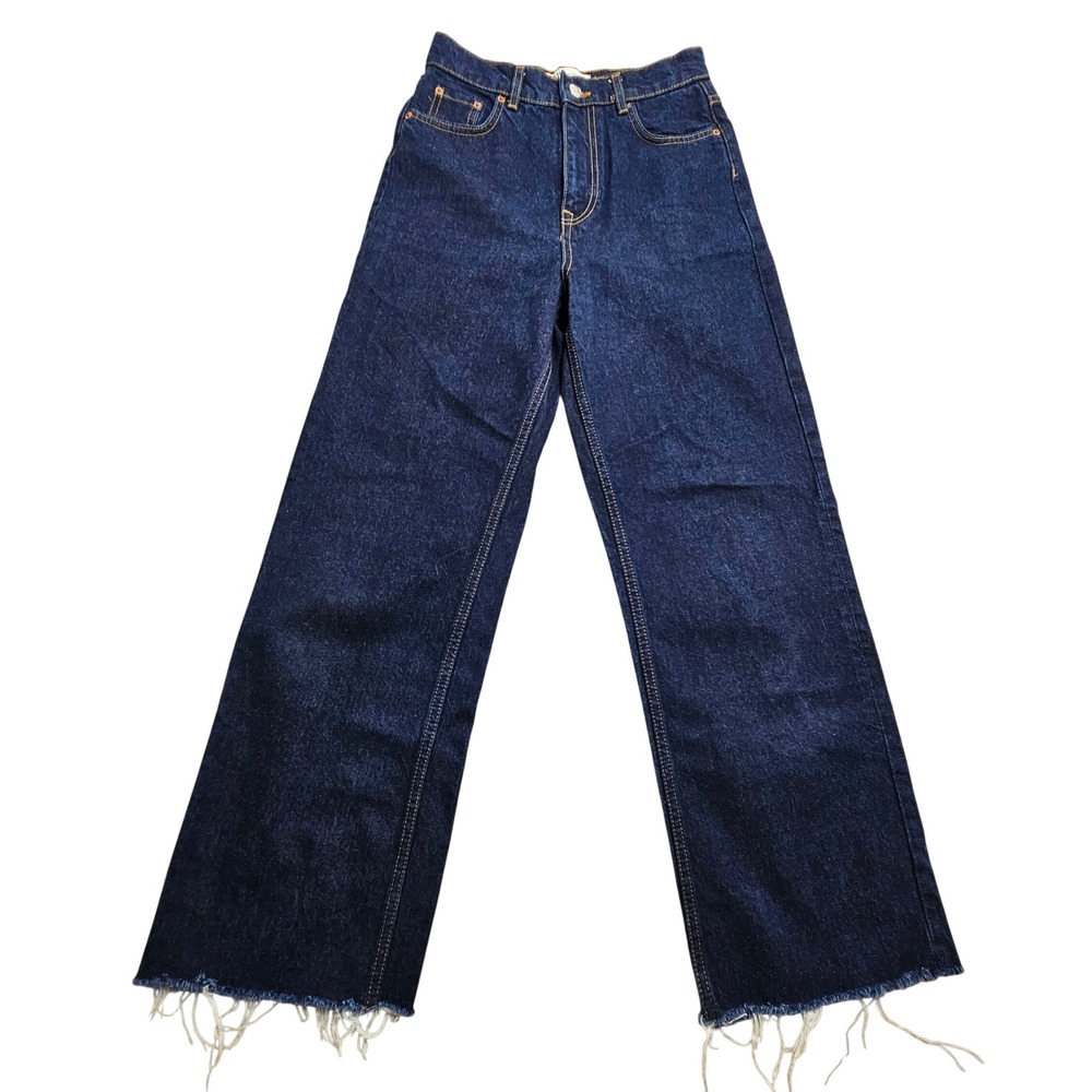 Zara‎ Wide Leg Jeans Women Size 4 Dark Wash Blue Raw Hem High Rise Denim